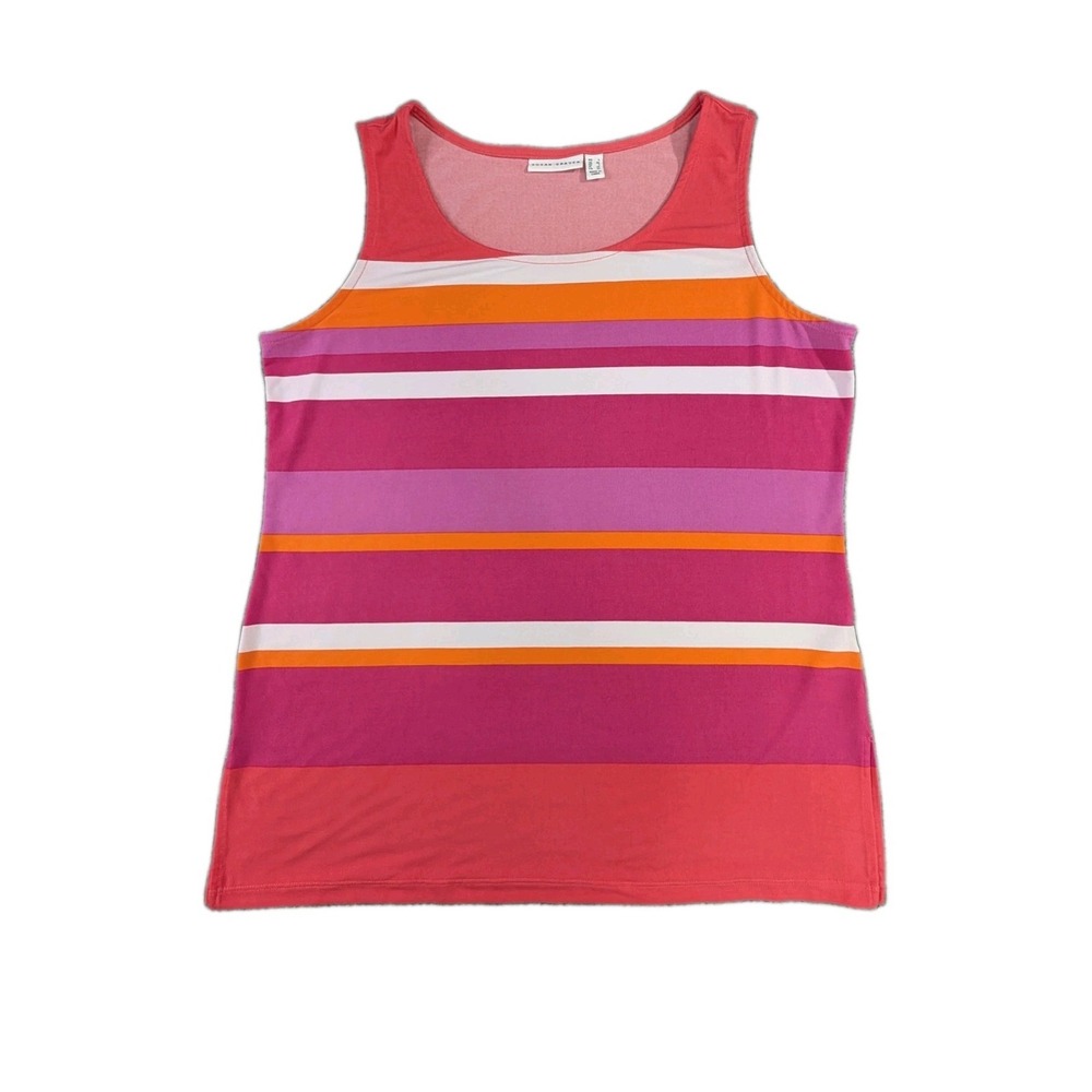 Susan Graver Liquid Knit Tunic Tank‎ Top Womens L Pink Orange Striped Scoop Neck